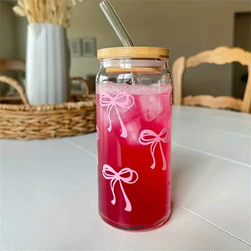 Cherry Bow Glass Tumbler Mason Jar Style Water Bottle With Lid Straw For Iced Coffee Juice 4