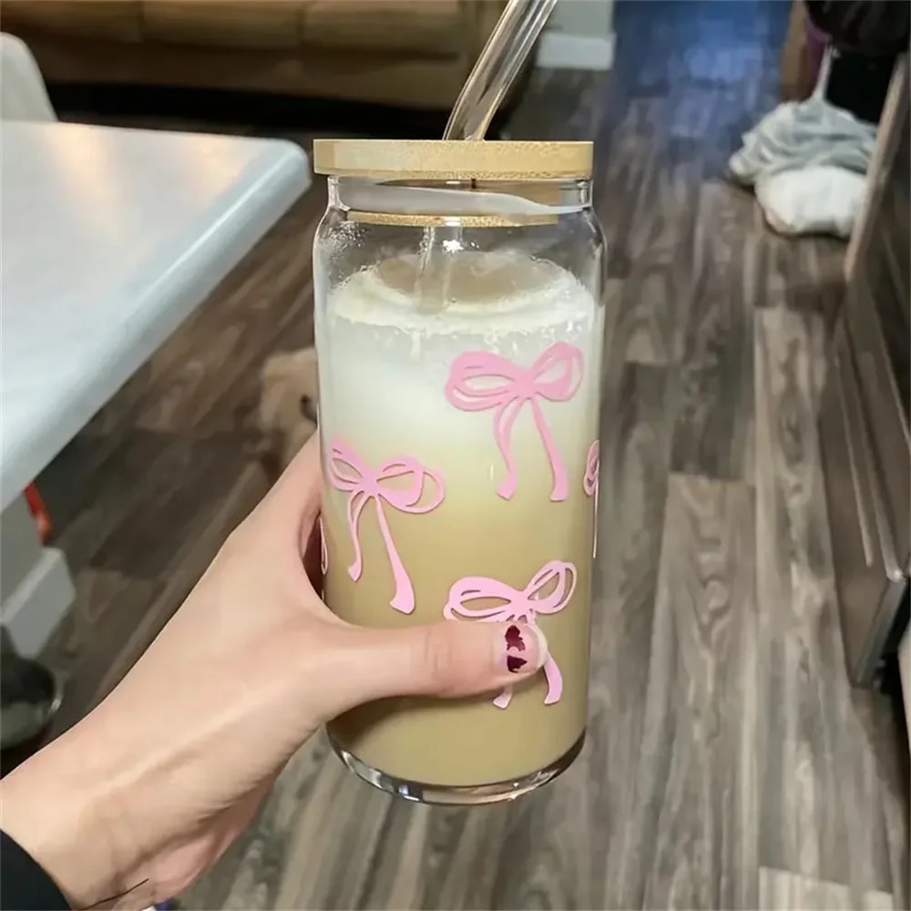 Cherry Bow Glass Tumbler Mason Jar Style Water Bottle With Lid Straw For Iced Coffee Juice 5