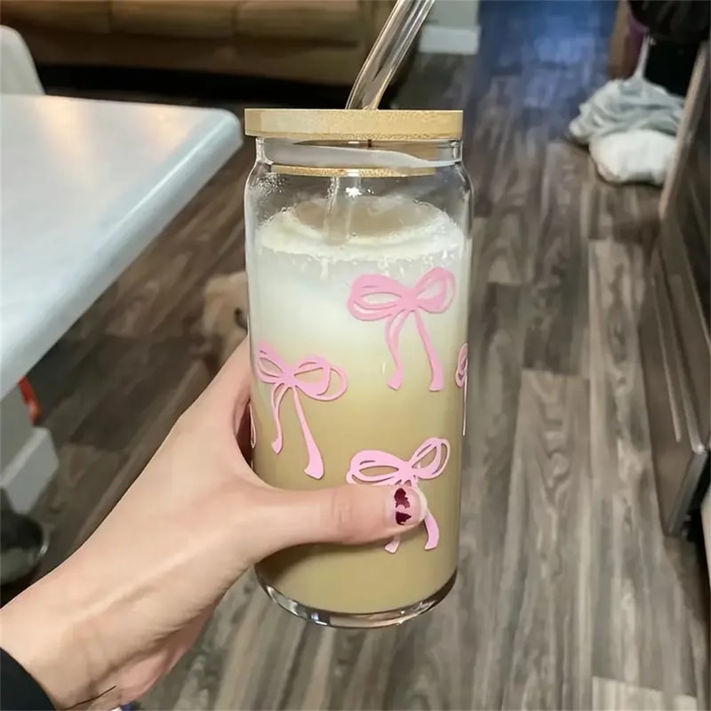 Cherry Bow Glass Tumbler Mason Jar Style Water Bottle With Lid Straw For Iced Coffee Juice 5