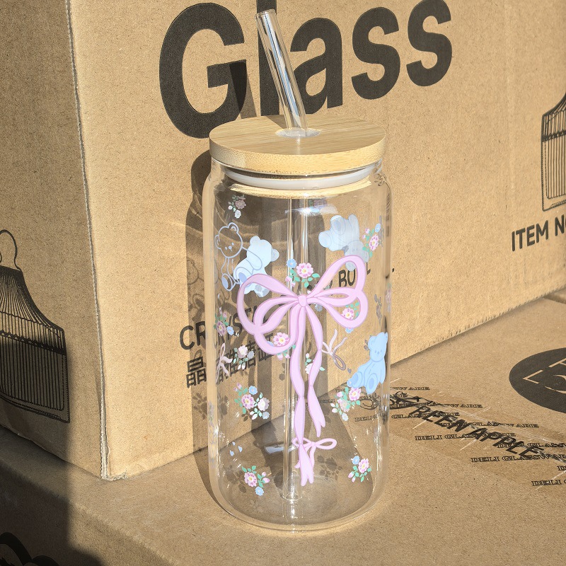 Cherry Bow Glass Tumbler Mason Jar Style Water Bottle With Lid Straw For Iced Coffee Juice 0
