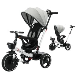 baby stroller tricycle ride bike, unisex toddler bike with adjustable canopy, safety harness, shock absorption