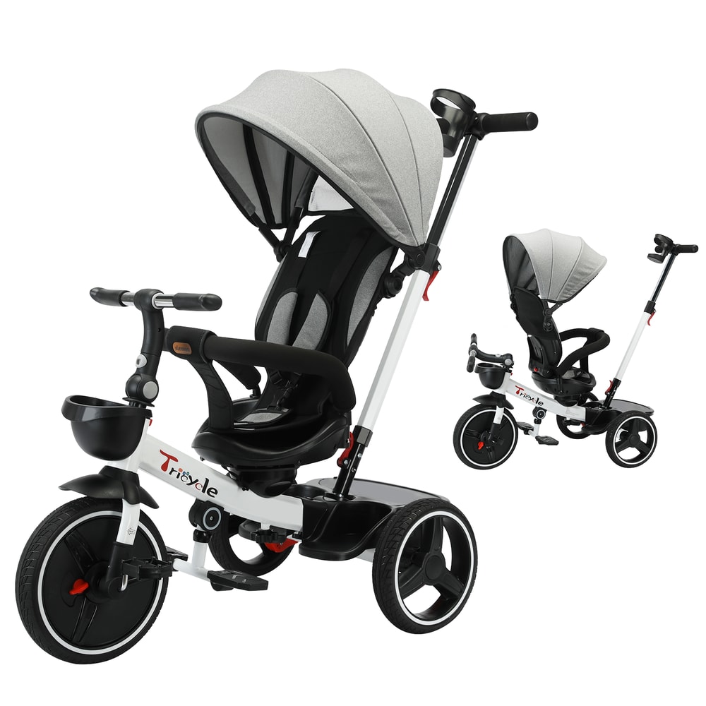 Baby Stroller Tricycle Ride Bike, Unisex Toddler Bike with Adjustable Canopy, Safety Harness, Shock Absorption