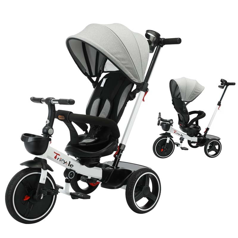 Baby Stroller Tricycle Ride Bike, Unisex Toddler Bike with Adjustable Canopy, Safety Harness, Shock Absorption