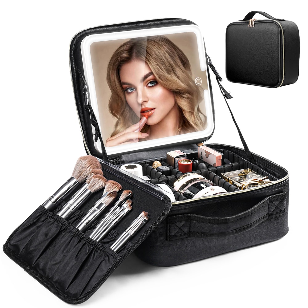 LED Lighted Mirror Travel Makeup Bag Large Capacity Makeup Train Case With Adjustable Dividers For 1