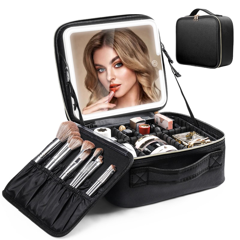 LED Lighted Mirror Travel Makeup Bag Large Capacity Makeup Train Case With Adjustable Dividers For 1