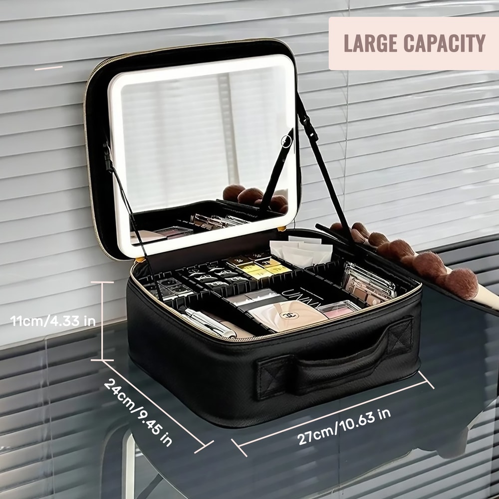 LED Lighted Mirror Travel Makeup Bag Large Capacity Makeup Train Case With Adjustable Dividers For 2