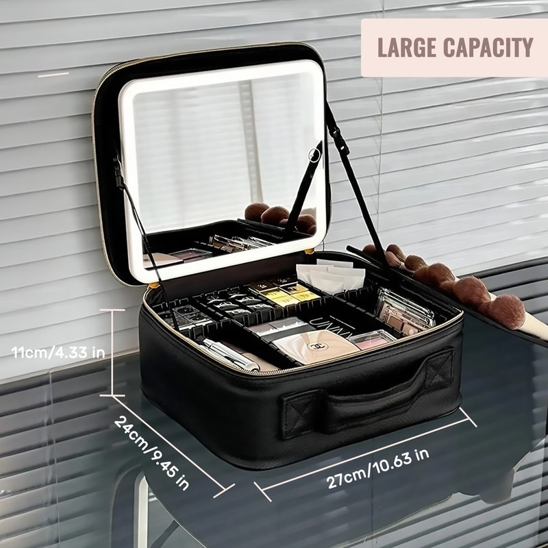 LED Lighted Mirror Travel Makeup Bag Large Capacity Makeup Train Case With Adjustable Dividers For 2