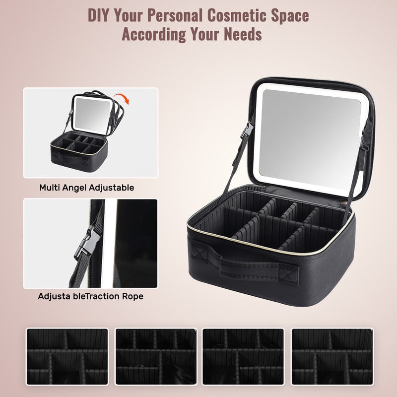 LED Lighted Mirror Travel Makeup Bag Large Capacity Makeup Train Case With Adjustable Dividers For 4
