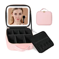 led lighted mirror travel makeup bag, large capacity makeup train case with adjustable dividers for home, vacation