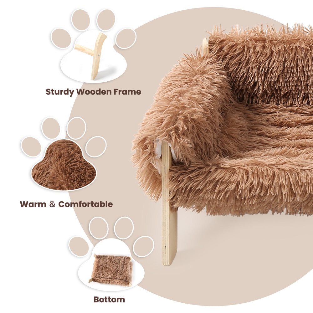 Raised Plush Cat Sofa Bed, Large Cat Bed with Sturdy Wooden Leg, Soft Couch for Indoor Cats and Kittens