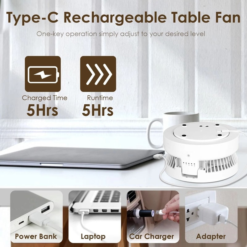 WallMounted Portable Desktop Fan Rechargeable Adjustable Wind Speeds Quiet Brushless Motor 3