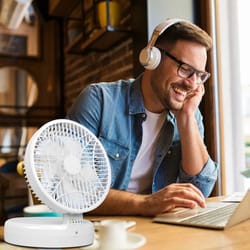 wall-mounted & portable desktop fan, rechargeable, adjustable wind speeds, quiet brushless motor