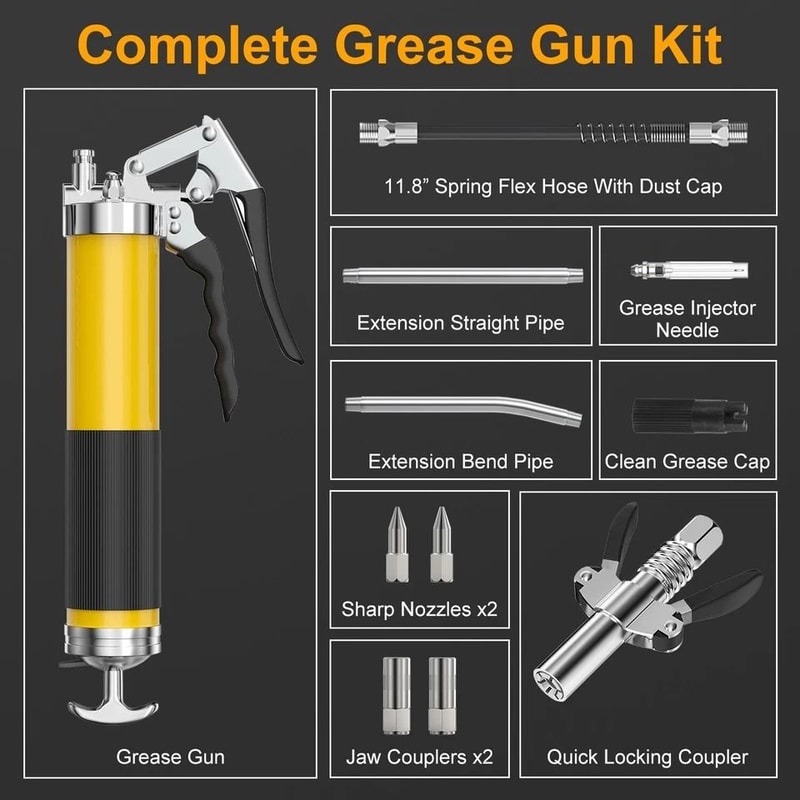 High Pressure Grease Gun Kit Capacity Pistol Grip Flexible Hose Jaw Couplers 4