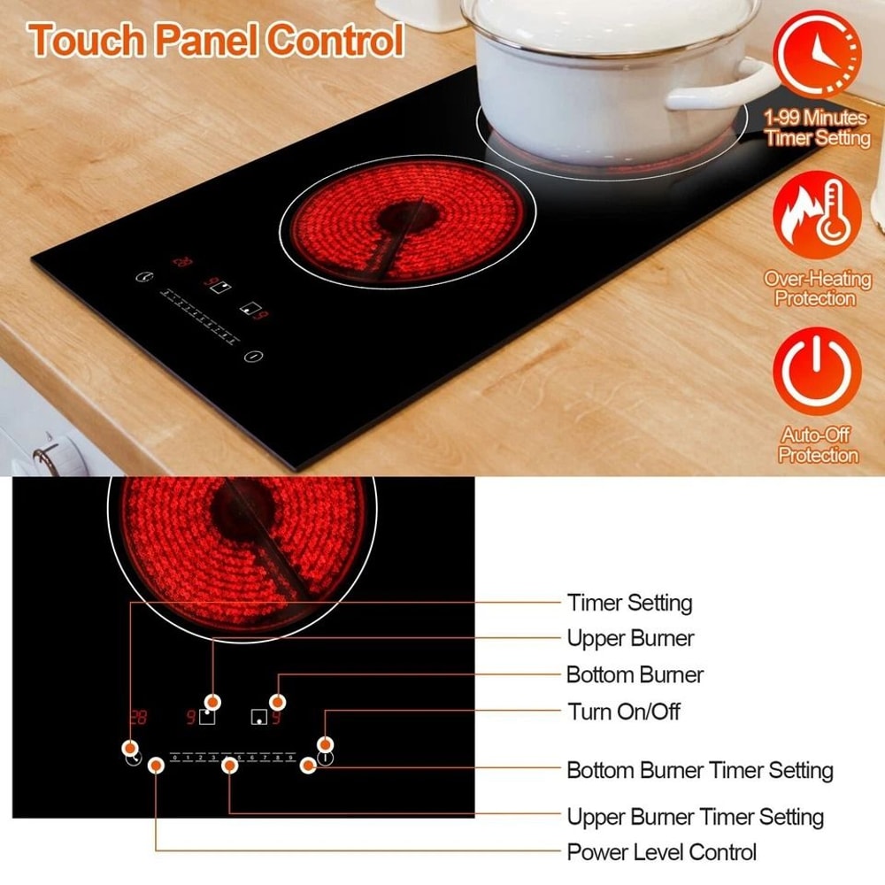 Electric Stove Hot Plates Dual Burner Ceramic Cooktop Touch Control Adjustable Power Levels Fast He 8