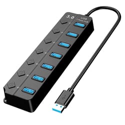 high-speed usb hub, ports data splitter, individual on/off switches for pc laptop