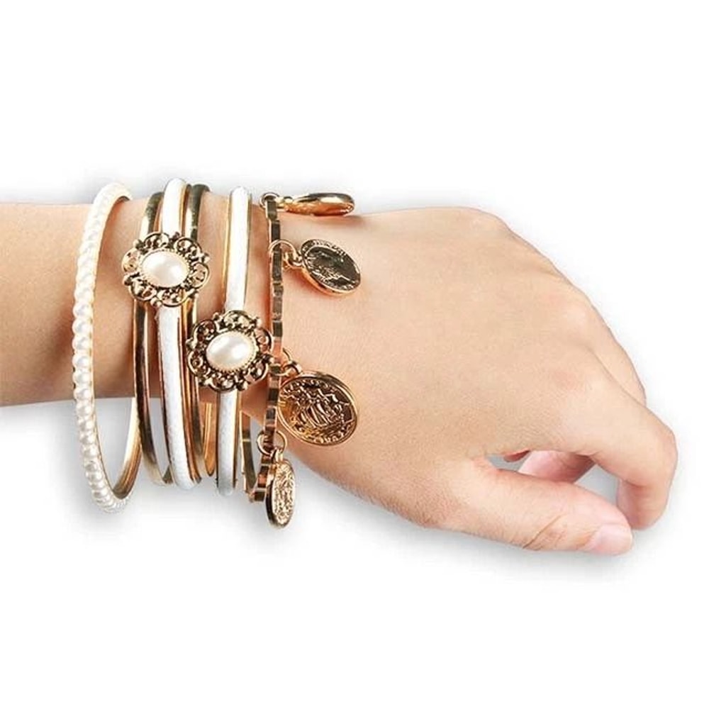 Gold Fashion Women Lots Rhinestone Bangle Charm Cuff Jewelry 6 Piece Alloy Bracelet Set For Women 0