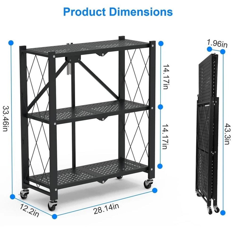 Folding Tier Storage Shelf With Wheels Heavy Duty Utility Rack Carbon Steel Organizer 1