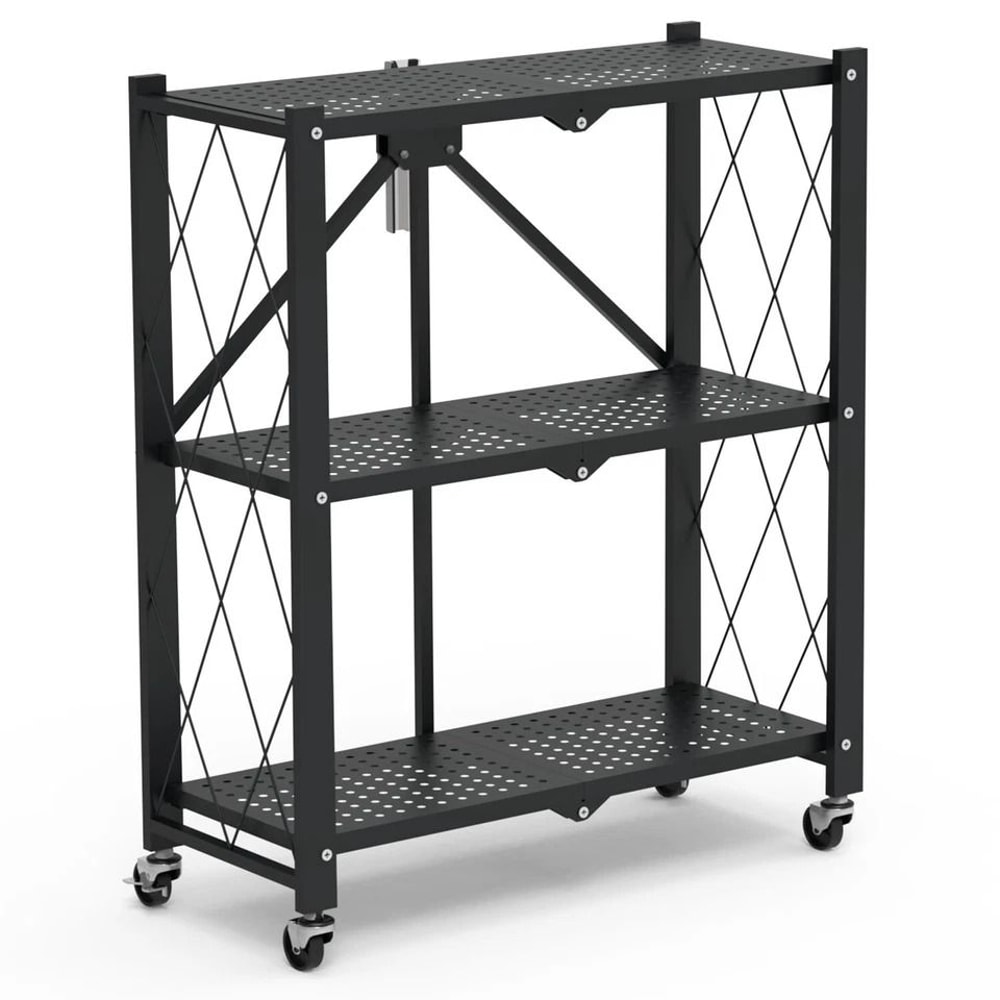 Folding Tier Storage Shelf With Wheels Heavy Duty Utility Rack Carbon Steel Organizer 0