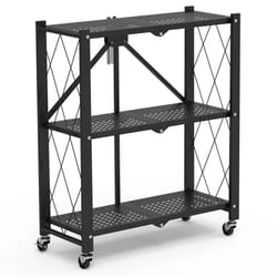 folding tier storage shelf with wheels, heavy duty utility rack, carbon steel organizer