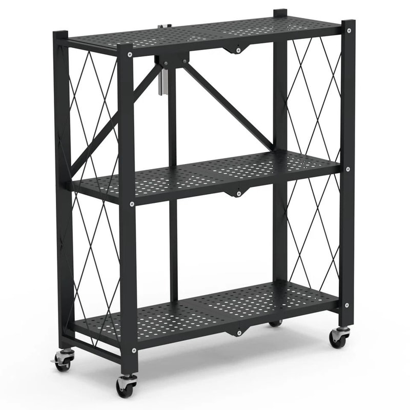 Folding Tier Storage Shelf With Wheels Heavy Duty Utility Rack Carbon Steel Organizer 0