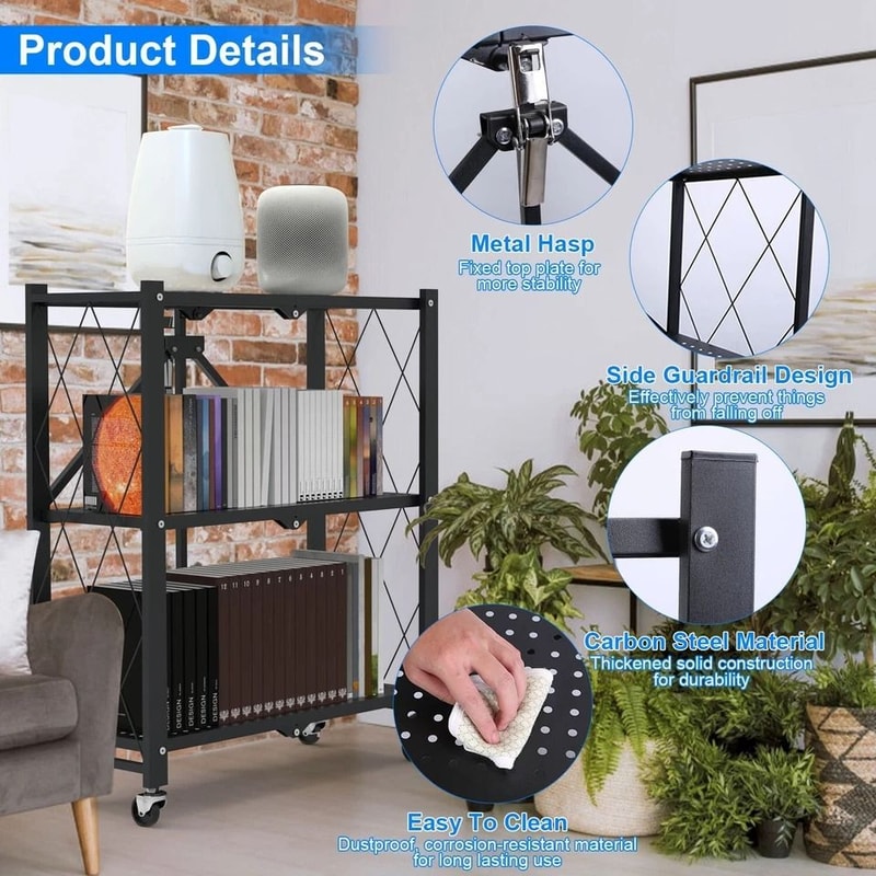 Folding Tier Storage Shelf With Wheels Heavy Duty Utility Rack Carbon Steel Organizer 2