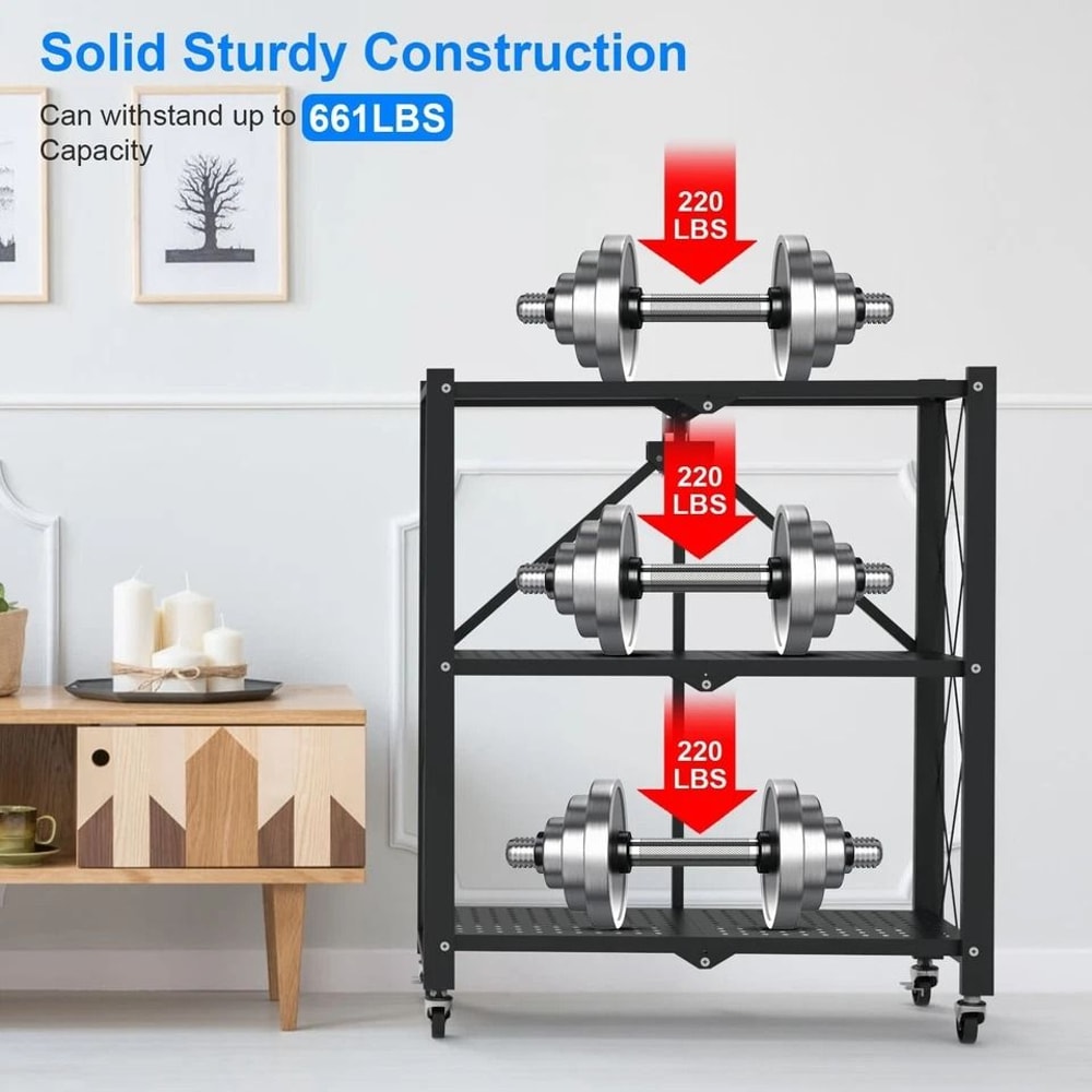 Folding Tier Storage Shelf With Wheels Heavy Duty Utility Rack Carbon Steel Organizer 3