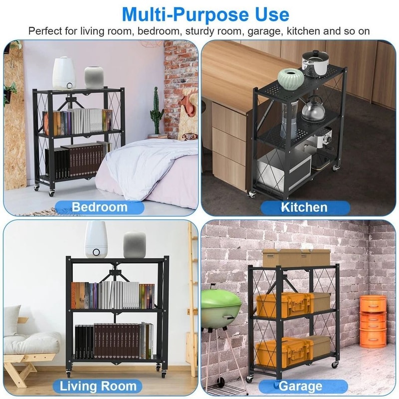 Folding Tier Storage Shelf With Wheels Heavy Duty Utility Rack Carbon Steel Organizer 5