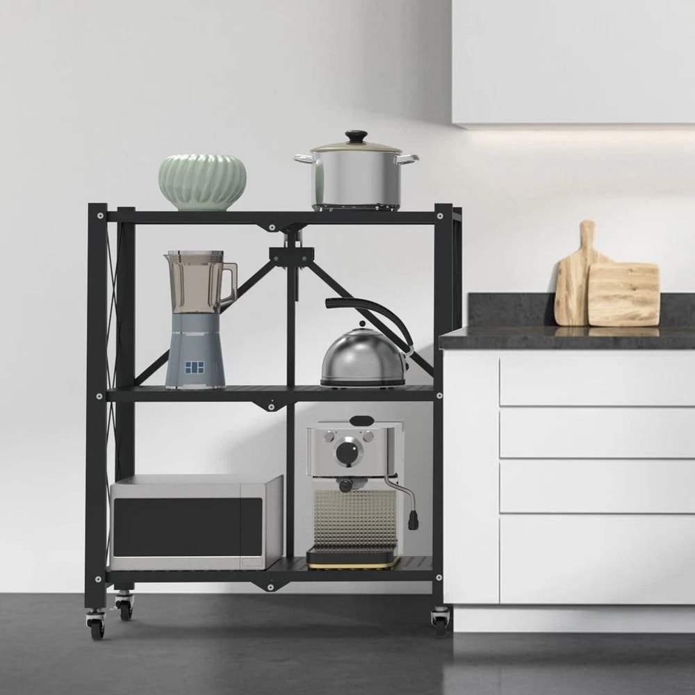 Folding Tier Storage Shelf With Wheels Heavy Duty Utility Rack Carbon Steel Organizer 7