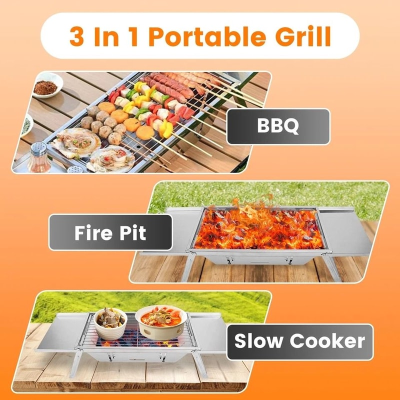 Portable Charcoal Grill With Fire Pit Slow Cooker Stainless Steel Adjustable Grate Ideal For Campin 3