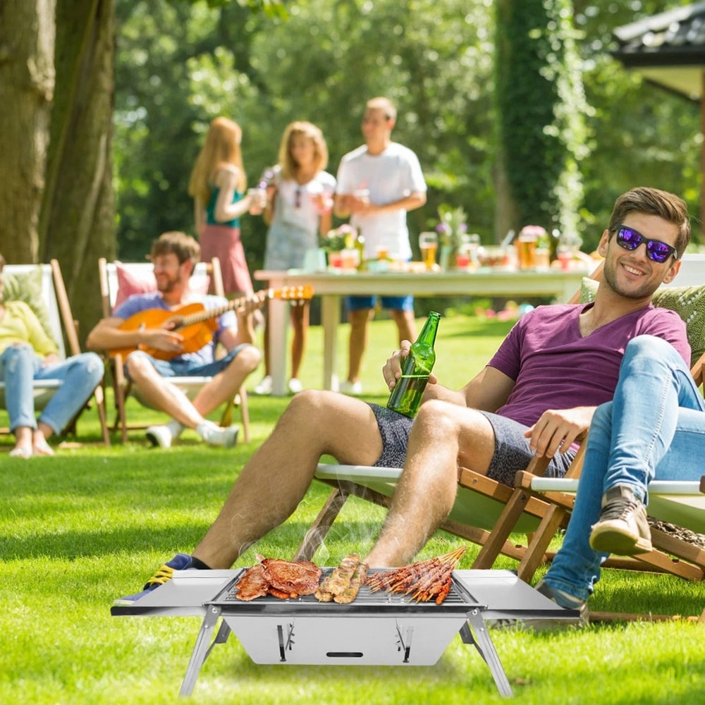 Portable Charcoal Grill With Fire Pit Slow Cooker Stainless Steel Adjustable Grate Ideal For Campin 10