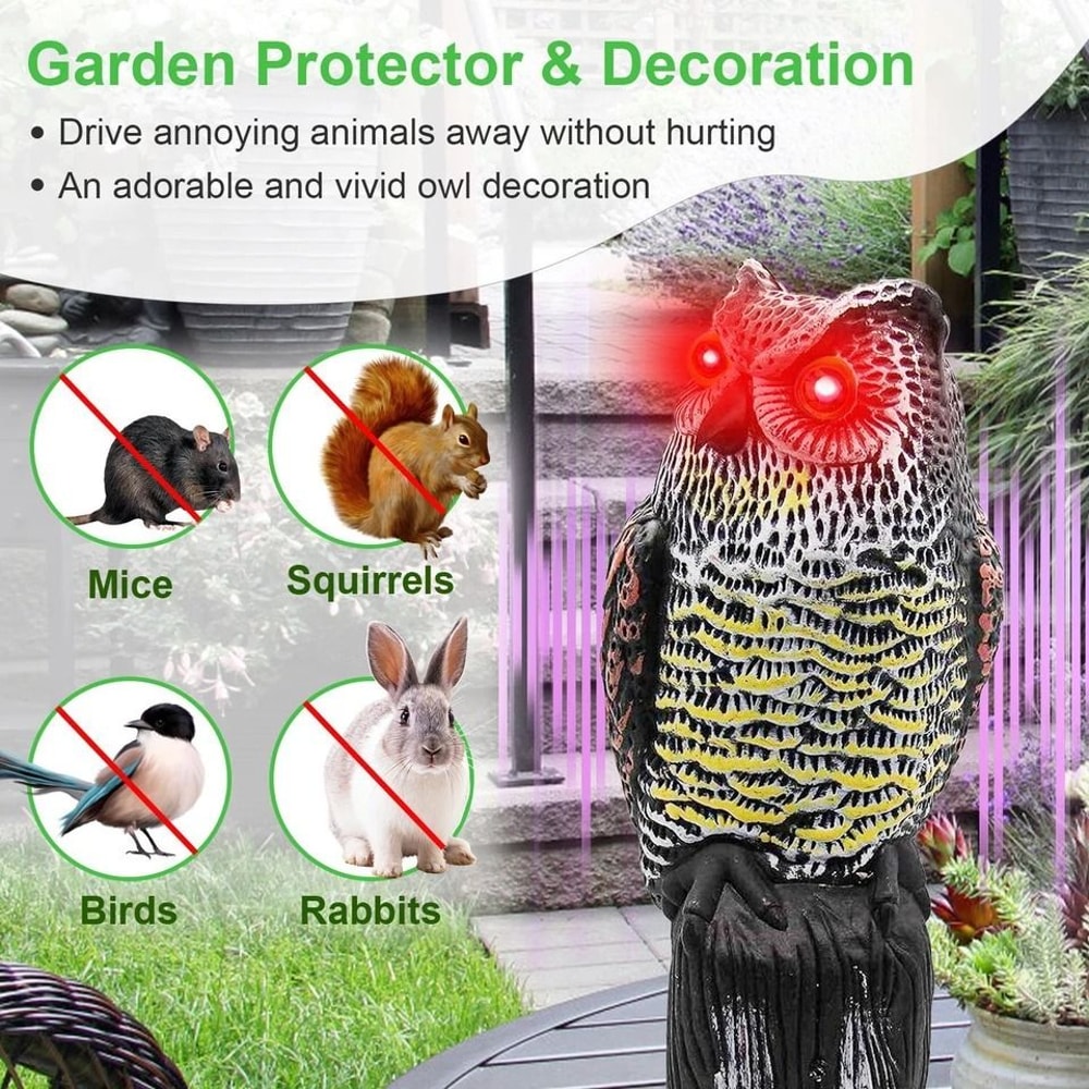 Solar Powered Fake Owl Decoy With Flashing Eye And Sound Outdoor Garden Scarecrow Bird Pest Deterre 2