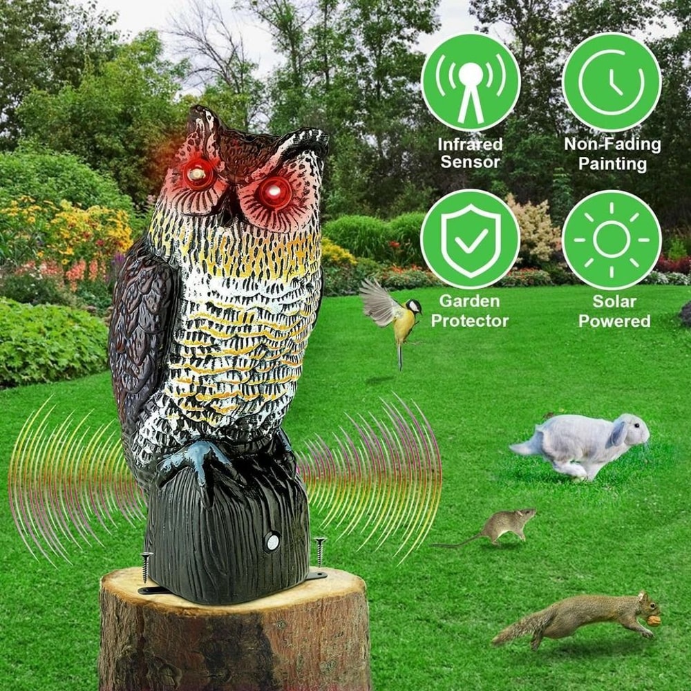 Solar Powered Fake Owl Decoy With Flashing Eye And Sound Outdoor Garden Scarecrow Bird Pest Deterre 4
