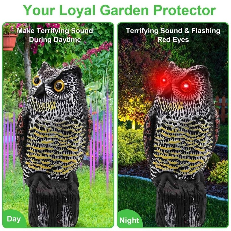 Solar Powered Fake Owl Decoy With Flashing Eye And Sound Outdoor Garden Scarecrow Bird Pest Deterre 11
