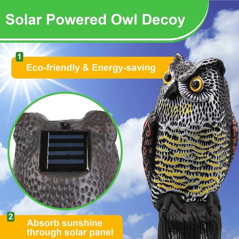 Solar Powered Fake Owl Decoy With Flashing Eye And Sound Outdoor Garden Scarecrow Bird Pest Deterre 12