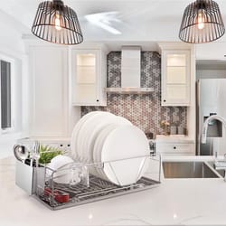 kitchen stainless steel dish drying rack, drainer organizer with cutlery holder, durable and space-saving