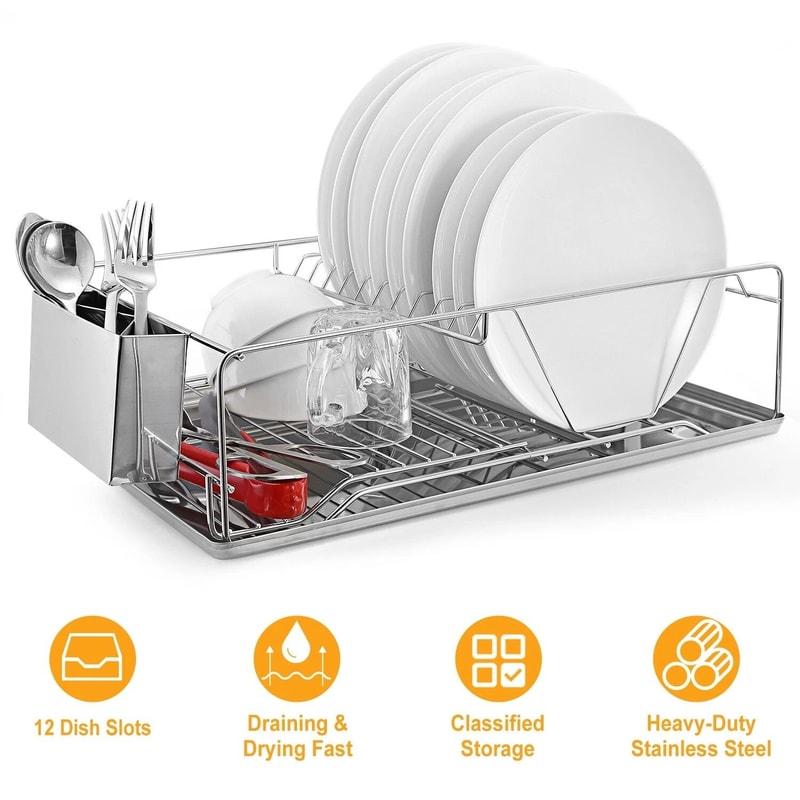 Kitchen Stainless Steel Dish Drying Rack Drainer Organizer With Cutlery Holder Durable And SpaceSav 8