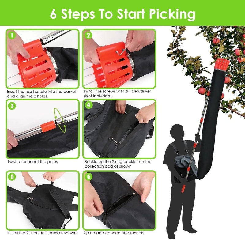 Fruit Picking Tool Adjustable Mango Lemon Apple Picker With Harvest Bag For Easy High Reach Collect 12