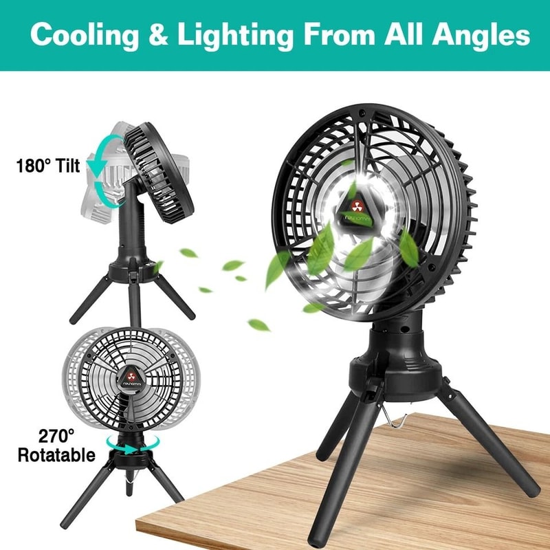 Portable Foldable Camping Tripod Fan Brightness LED Light Hanging Hook Adjustable Angles 5