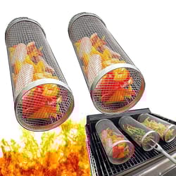 stainless steel round rolling grill basket, set for outdoor bbq, camping grilling, perfect for french fries