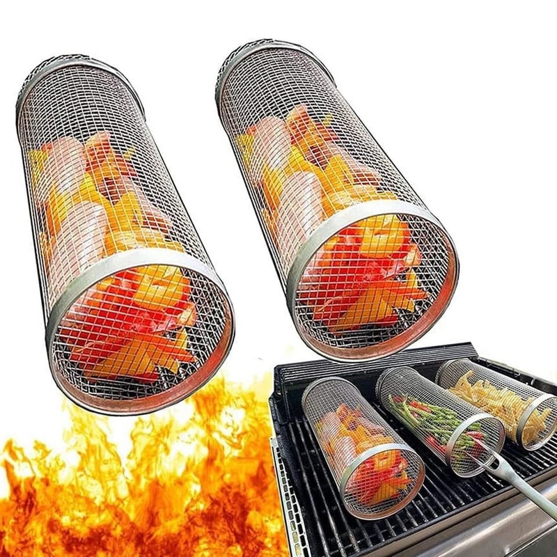 Stainless Steel Round Rolling Grill Basket Set For Outdoor BBQ Camping Grilling Perfect For French 0