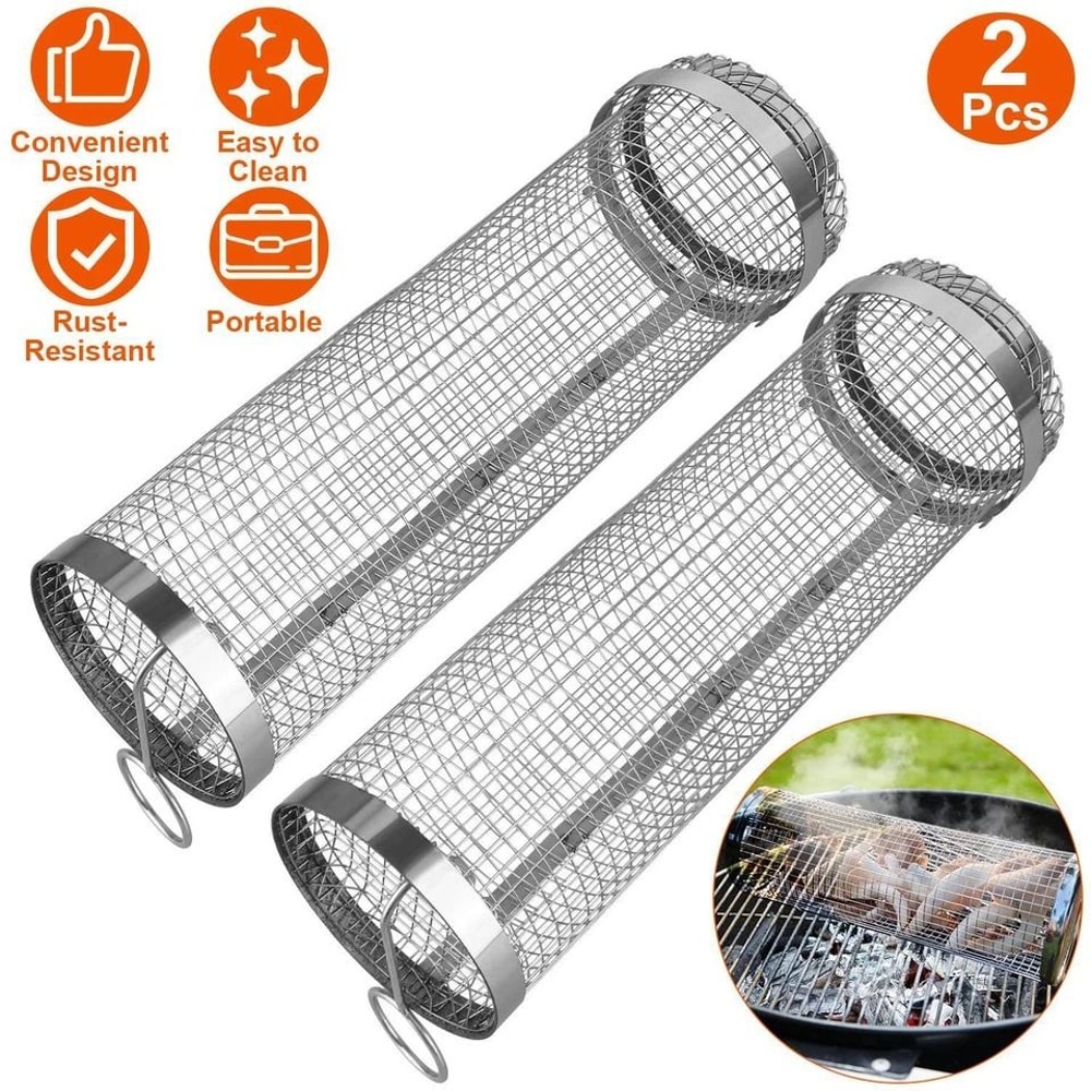 Stainless Steel Round Rolling Grill Basket Set For Outdoor BBQ Camping Grilling Perfect For French 1