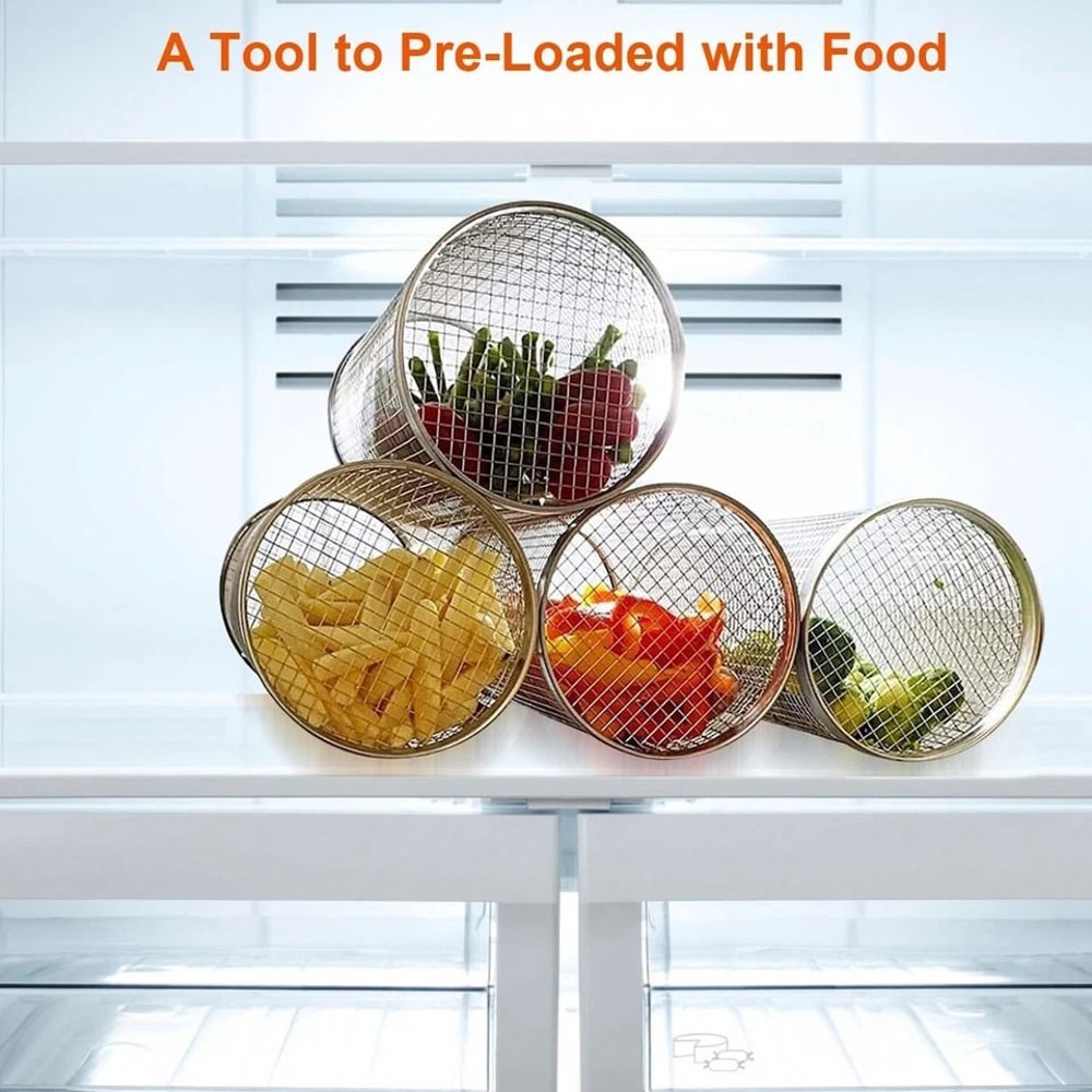 Stainless Steel Round Rolling Grill Basket Set For Outdoor BBQ Camping Grilling Perfect For French 3