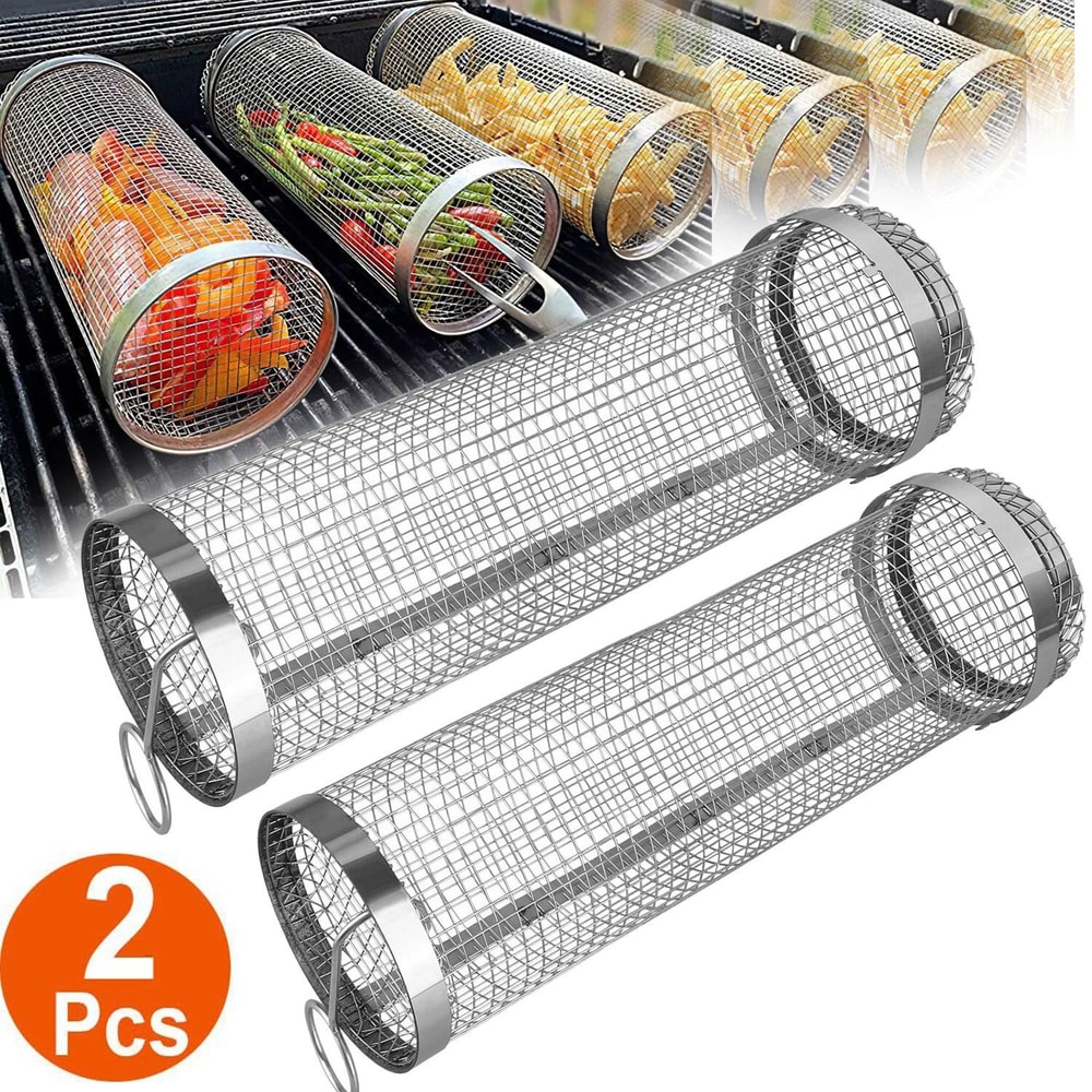 Stainless Steel Round Rolling Grill Basket Set For Outdoor BBQ Camping Grilling Perfect For French 13