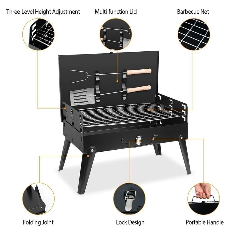 Portable BBQ Grill Folding Charcoal Barbecue With Adjustable Heights Compact BBQ Grill Shelf 1