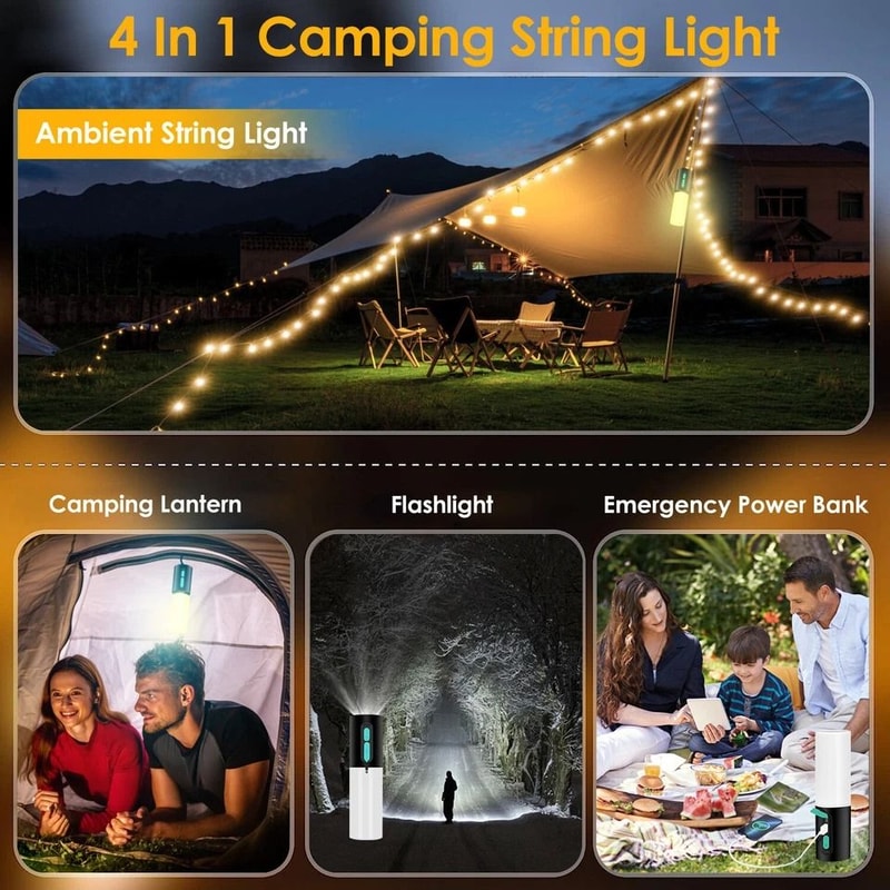 USB Rechargeable LED Flashlight Camping Tent Light Portable Lantern Lamp String Light For Outdoor A 12