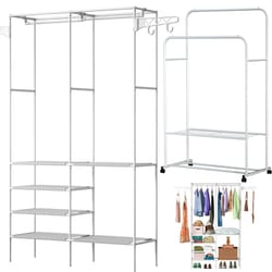 clothing garment rack, metal clothes organizer, closet storage shelf for shoes, pillows, and coats in bedroom