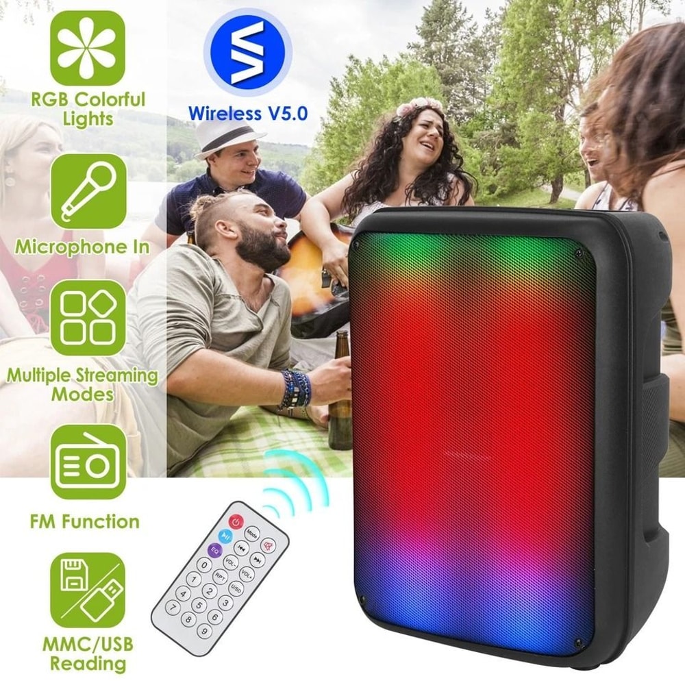 Portable Wireless FM Party Speaker Colorful Lights DJ PA Sound System Mic Remote Control Karaoke 11