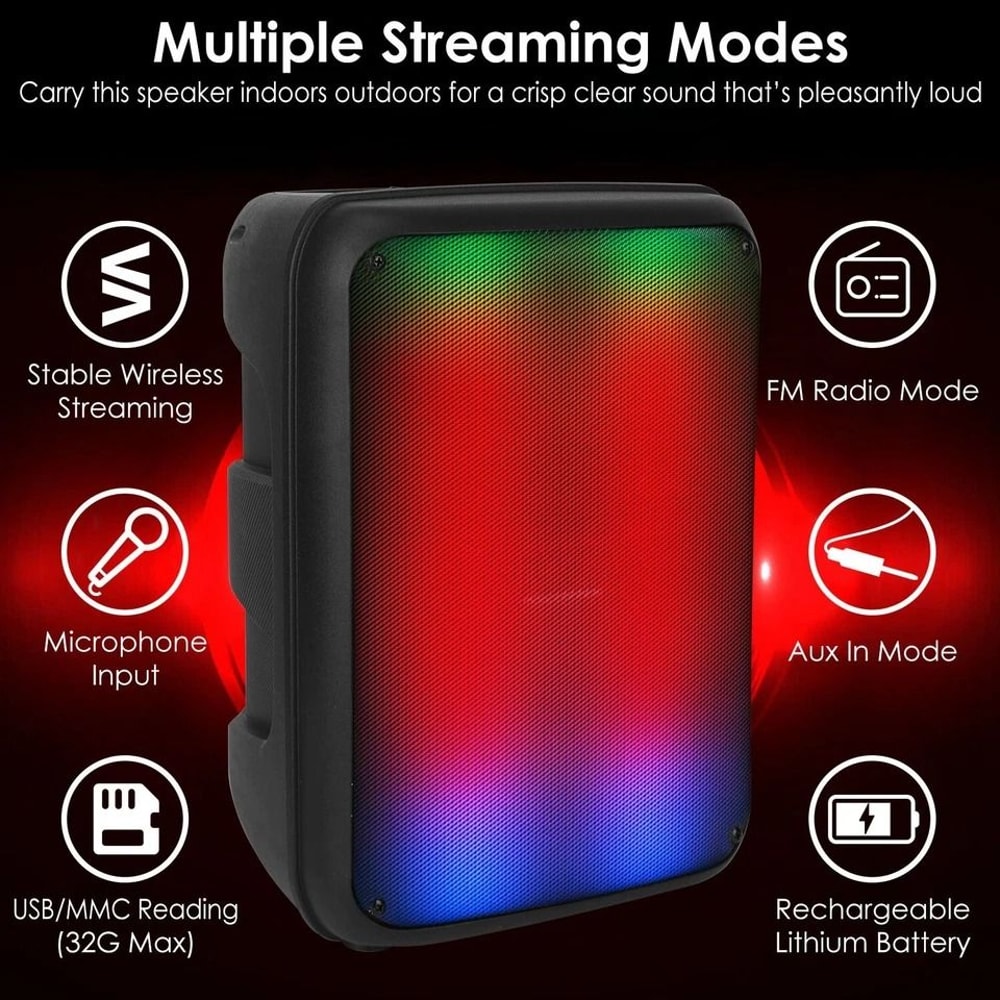 Portable Wireless FM Party Speaker Colorful Lights DJ PA Sound System Mic Remote Control Karaoke 7