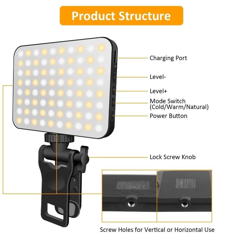 LED Selfie Phone Light Clip On Light For Phone Laptop Lighting Modes Adjustable Brightness 12