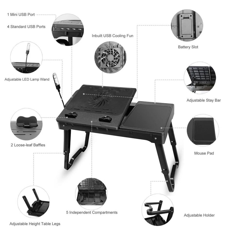 Laptop Tray Desk Foldable Stand With Cooling Fan LED Light Ergonomic Desk Stand For Bed Sofa And T 7